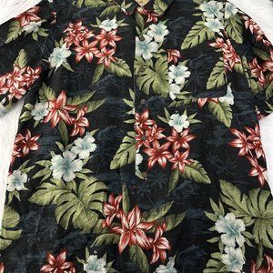 Havana Jack's Café Hawaiian Shirt XL 100% silk black floral EUC